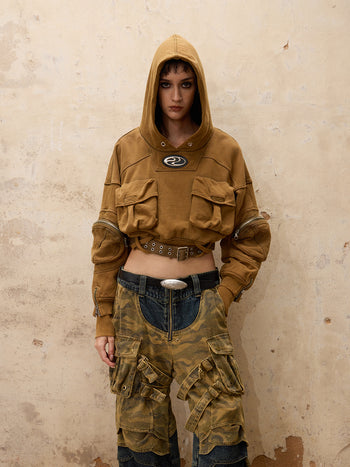 Personsoul Mutiple Pocket Short Hoodie