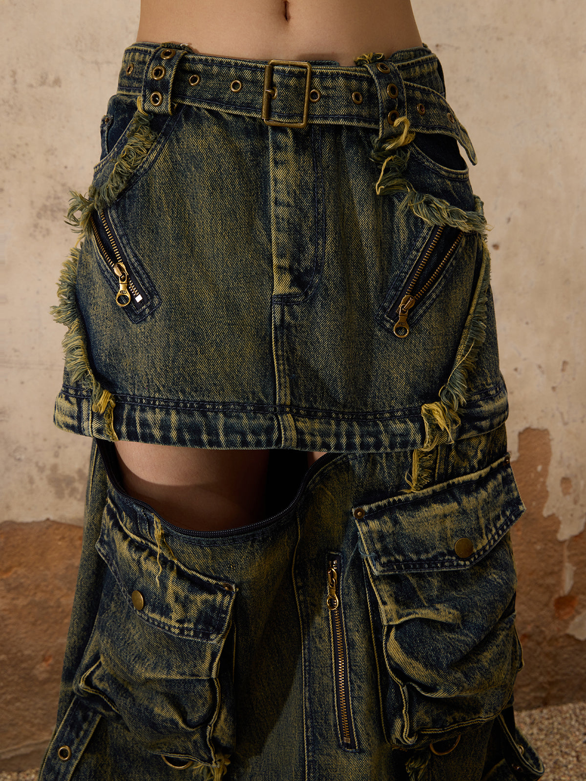 Personsoul Three-Stage Maxi Washing Denim Skirt