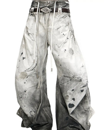 Personsoul Circular Embroidery Asymmetric Double-Waist Denim Jeans Detail