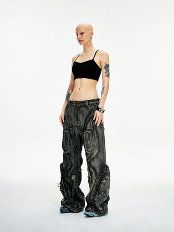 Personsoul Dirty Ripped Denim Baggy Jeans