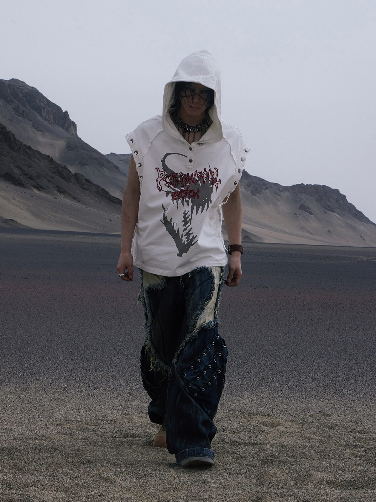 Personsoul Button Collar Hooded Sleeveless Sweatshirt