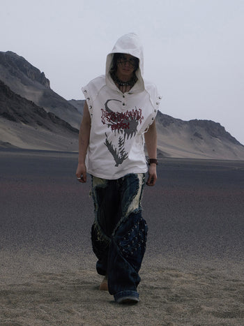 Personsoul Button Collar Hooded Sleeveless Sweatshirt