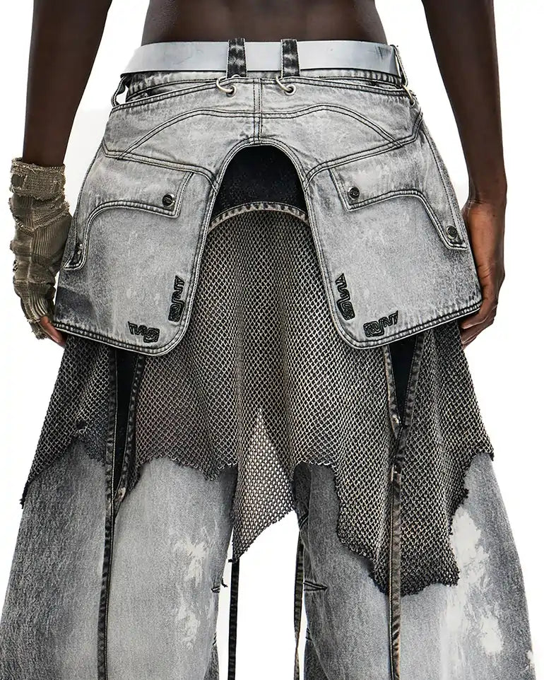 Personsoul Vintage Detachable Panel Curved-Leg Denim Jeans Detail
