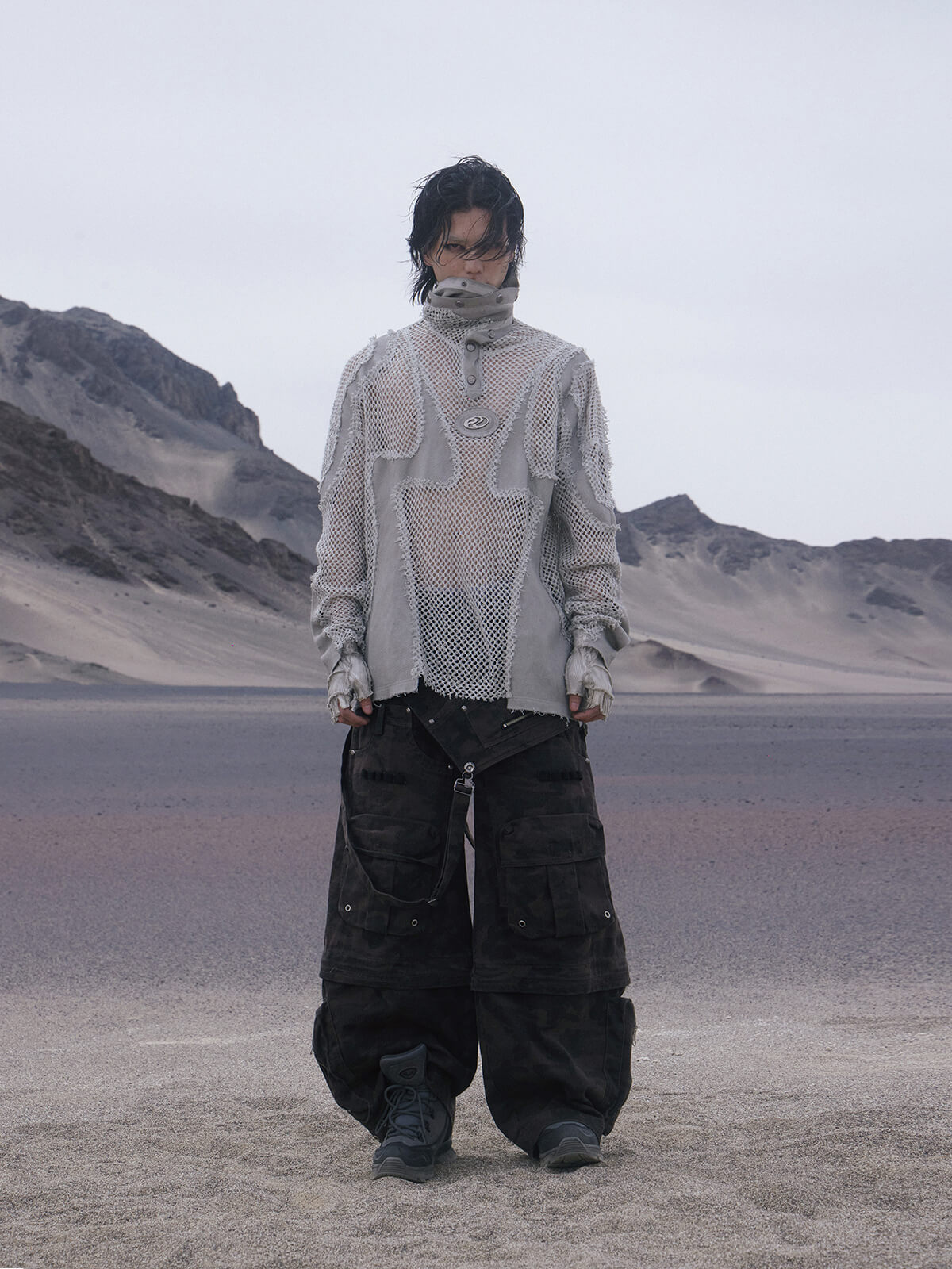 Personsoul Black Camouflage Overalls with Zip-Off Legs