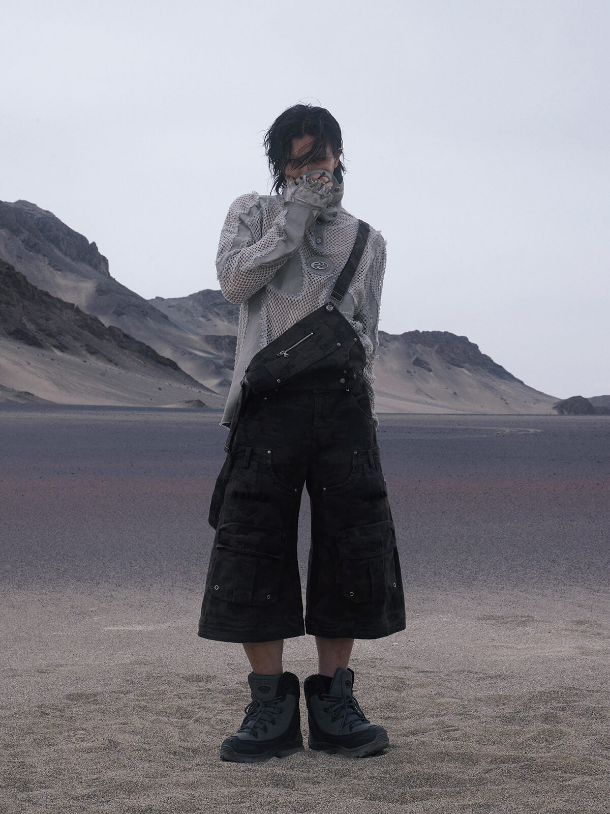 Personsoul Black Camouflage Overalls with Zip-Off Legs