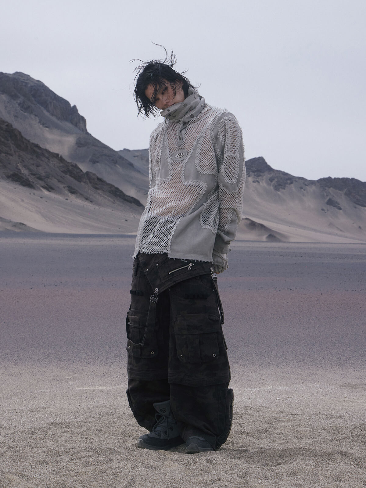 Personsoul Black Camouflage Overalls with Zip-Off Legs