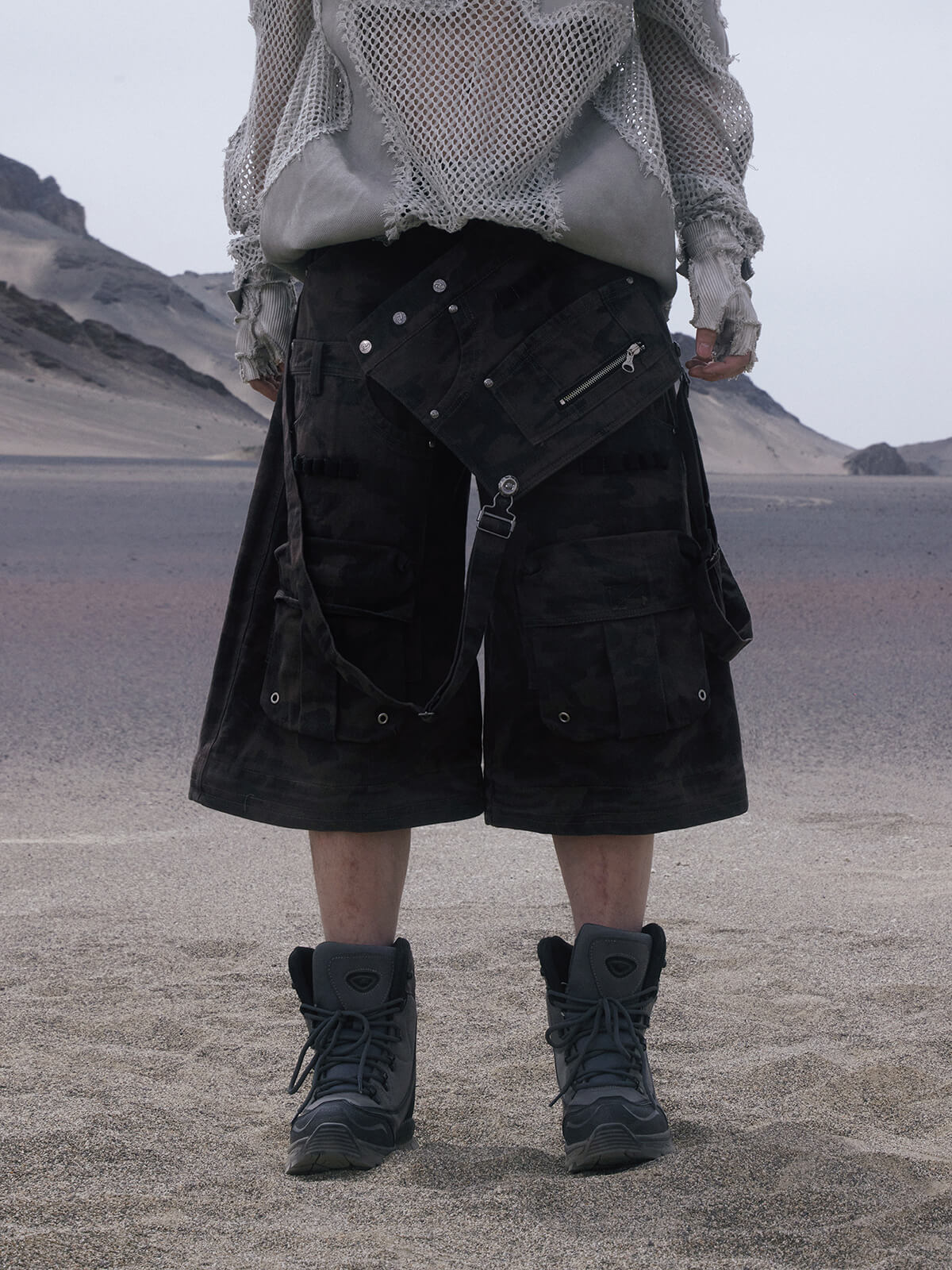 Personsoul Black Camouflage Overalls with Zip-Off Legs