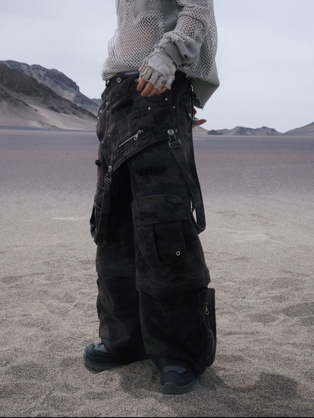 Personsoul Black Camouflage Overalls with Zip-Off Legs