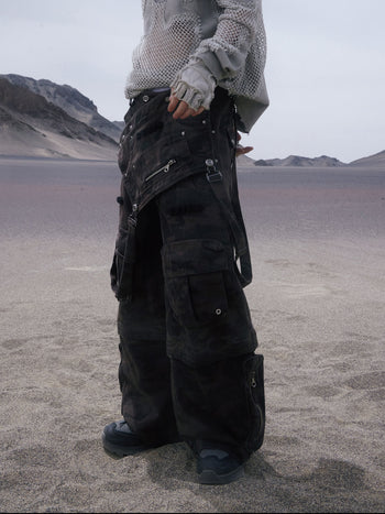 Personsoul Black Camouflage Overalls with Zip-Off Legs