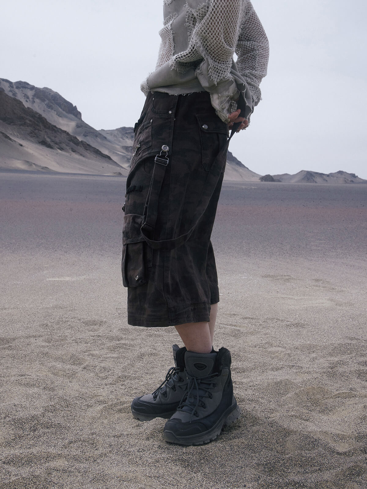 Personsoul Black Camouflage Overalls with Zip-Off Legs