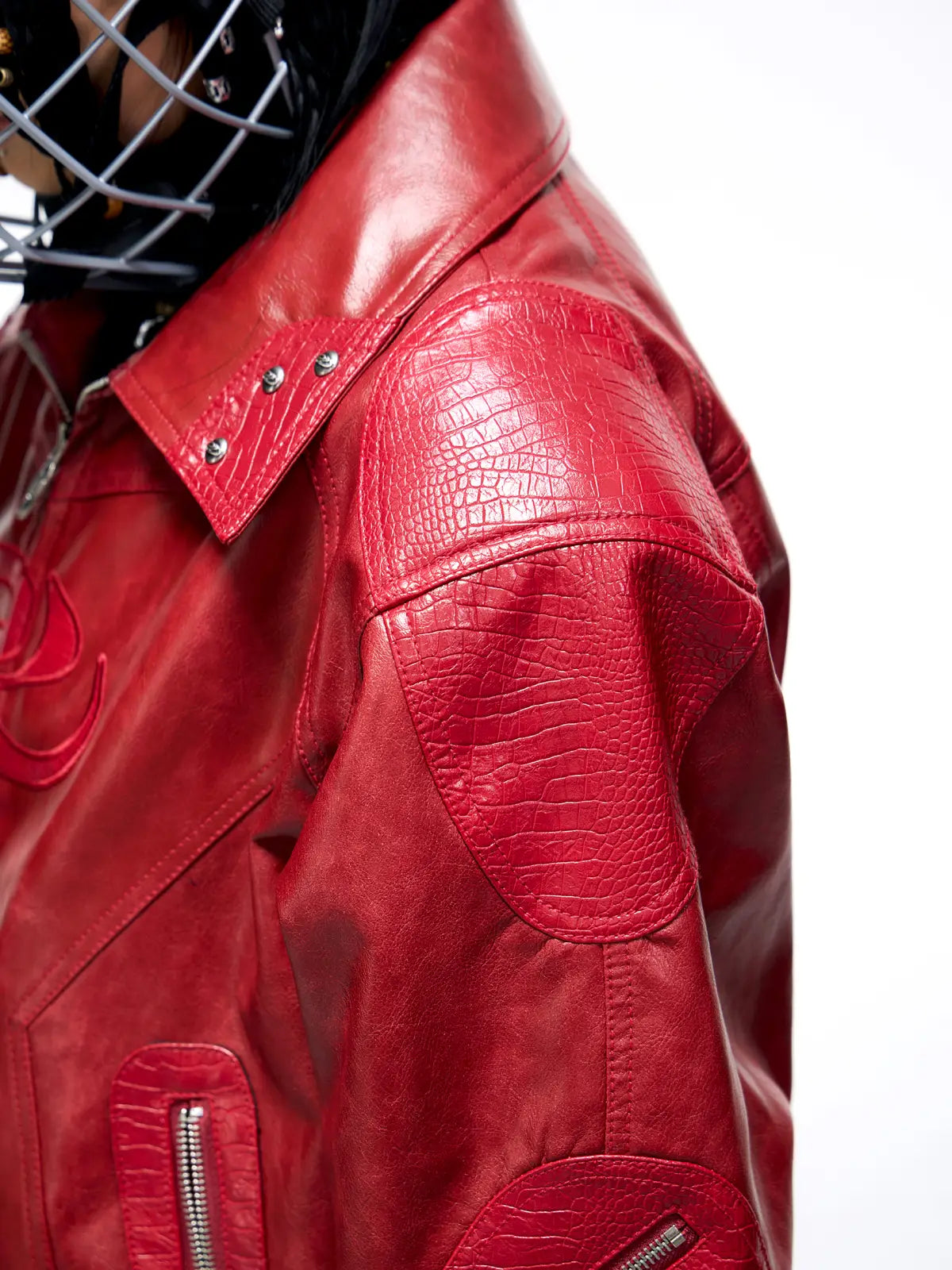 Personsoul Croc Effect Panel Leather Jacket
