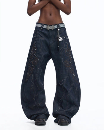 Personsoul Patchwork-Embroidered Raw Denim Curved Pants