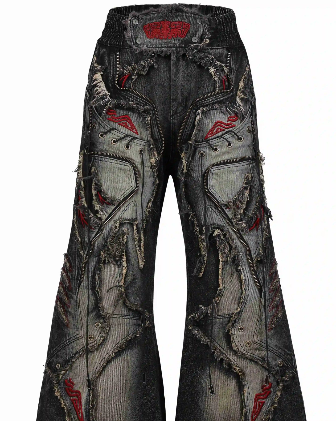 Personsoul Red-Embroidered Totem Wide-Leg Denim Jeans Detail