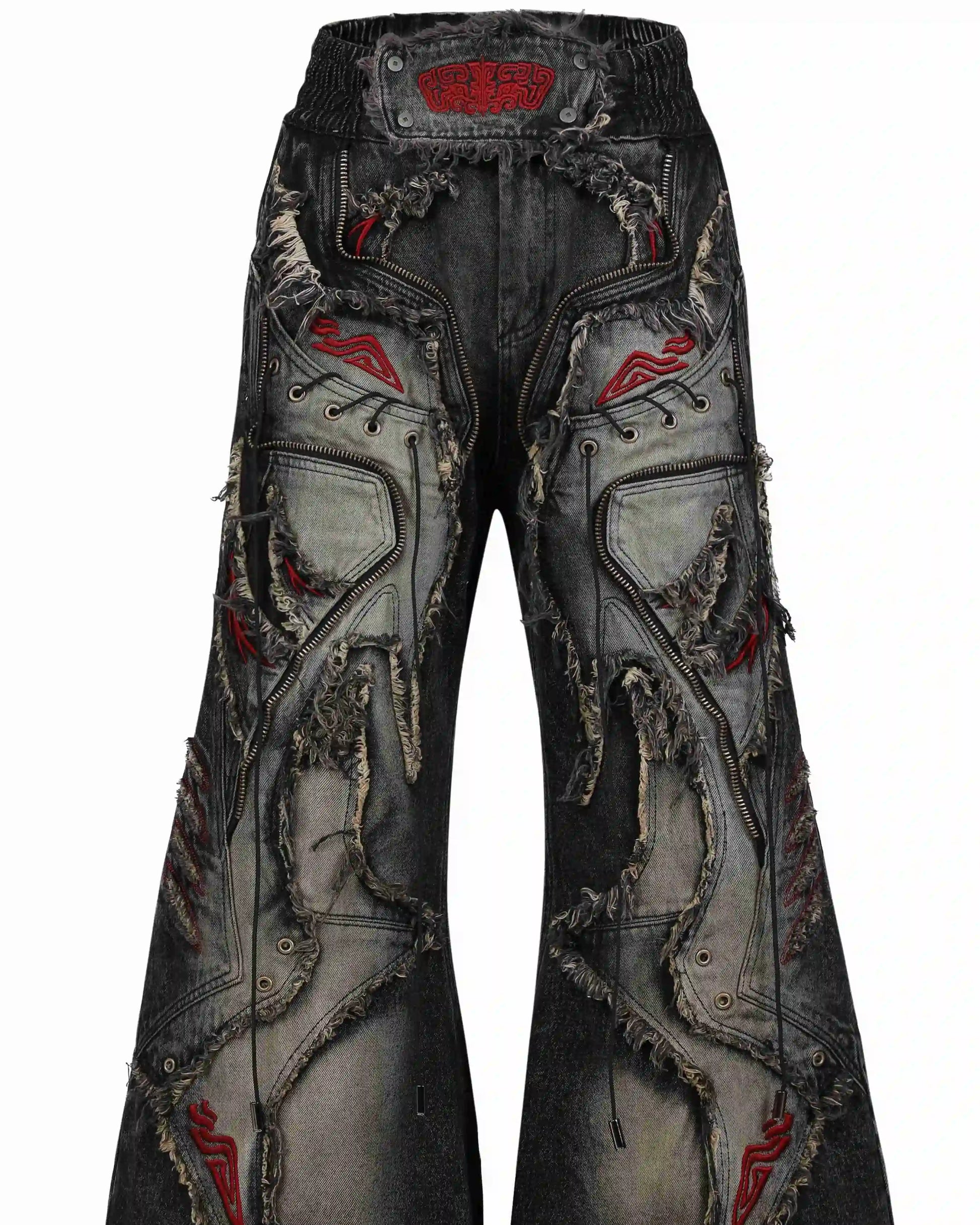 Personsoul Red-Embroidered Totem Wide-Leg Denim Jeans Detail
