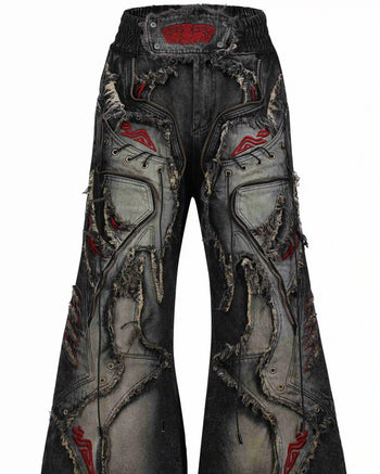 Personsoul Red-Embroidered Totem Wide-Leg Denim Jeans Detail
