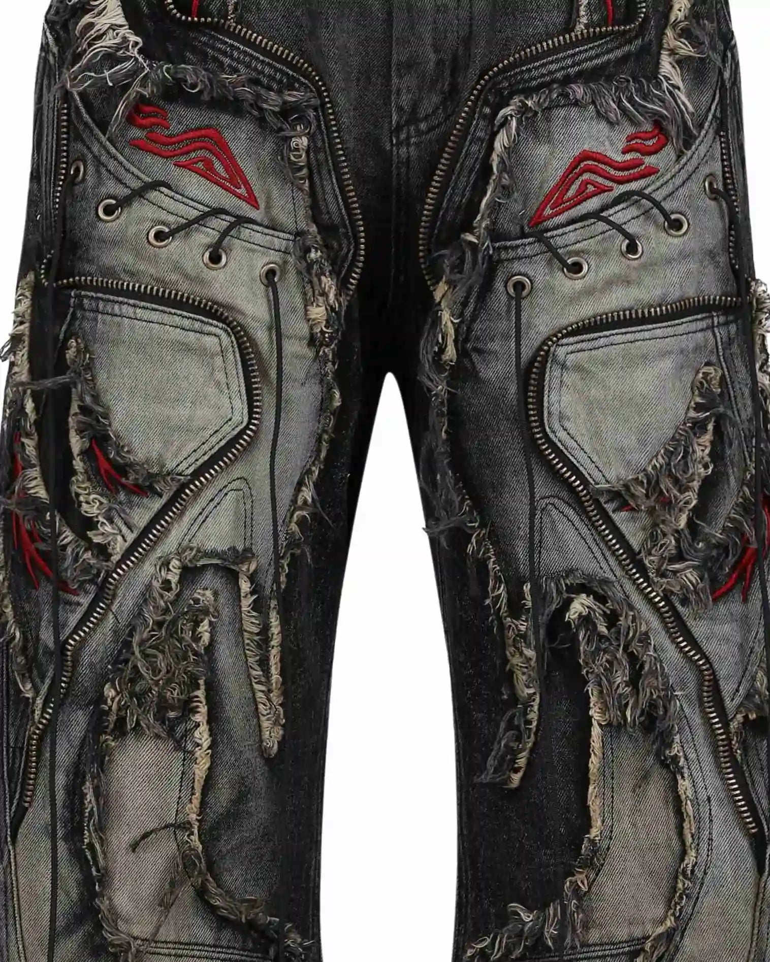 Personsoul Red-Embroidered Totem Wide-Leg Denim Jeans