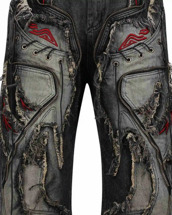 Personsoul Red-Embroidered Totem Wide-Leg Denim Jeans