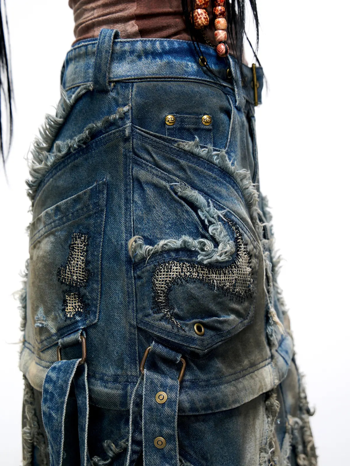 Personsoul Detachable Denim Cargo Skirt