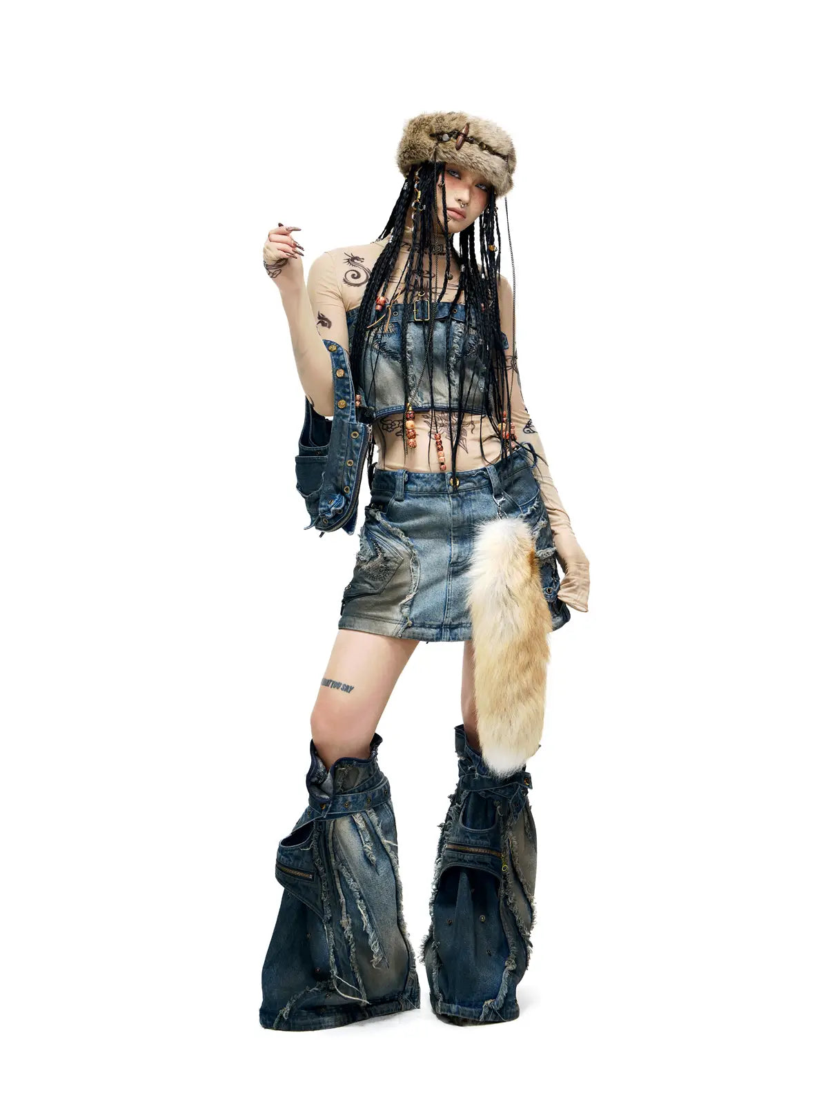 Personsoul Detachable Denim Cargo Skirt