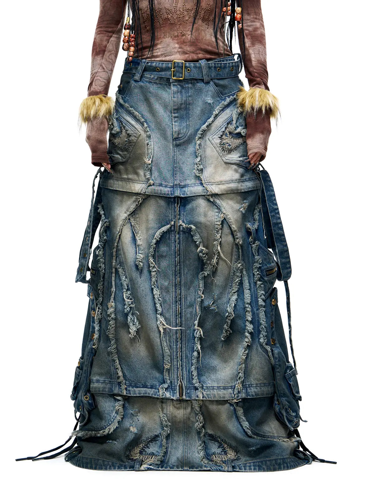 Personsoul Detachable Denim Cargo Skirt