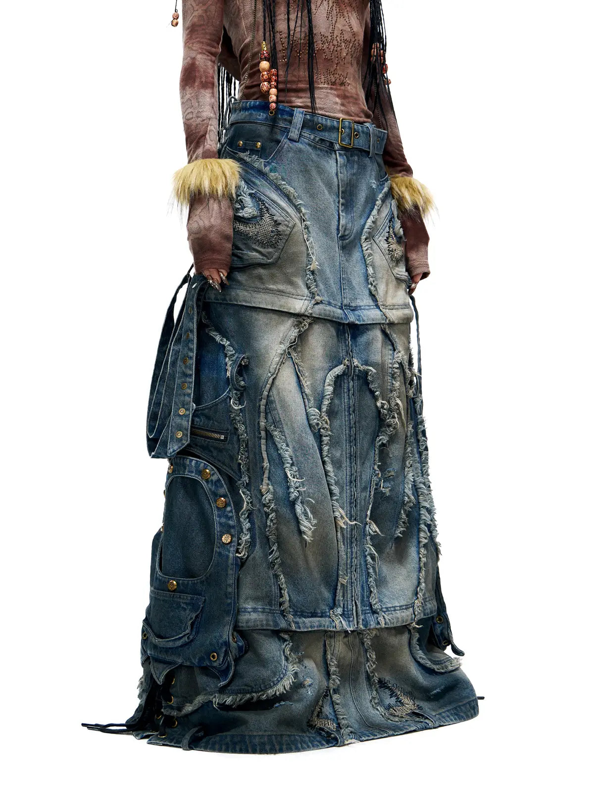 Personsoul Detachable Denim Cargo Skirt