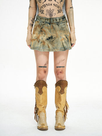 Personsoul Detachable Leather Denim Mini Skirt