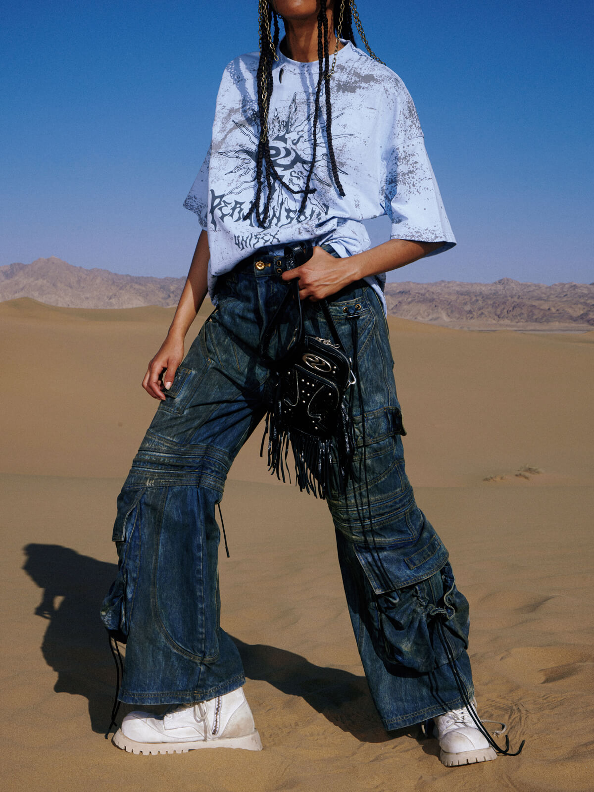 Washed White Drawstring Personsoul Pocket Drawstring Washed Flared Jeans - personsoul
