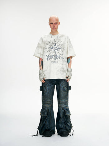 Personsoul Pocket Drawstring Washed Flared Jeans