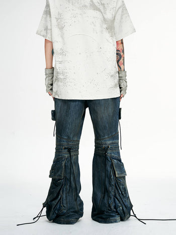 Personsoul Pocket Drawstring Washed Flared Jeans