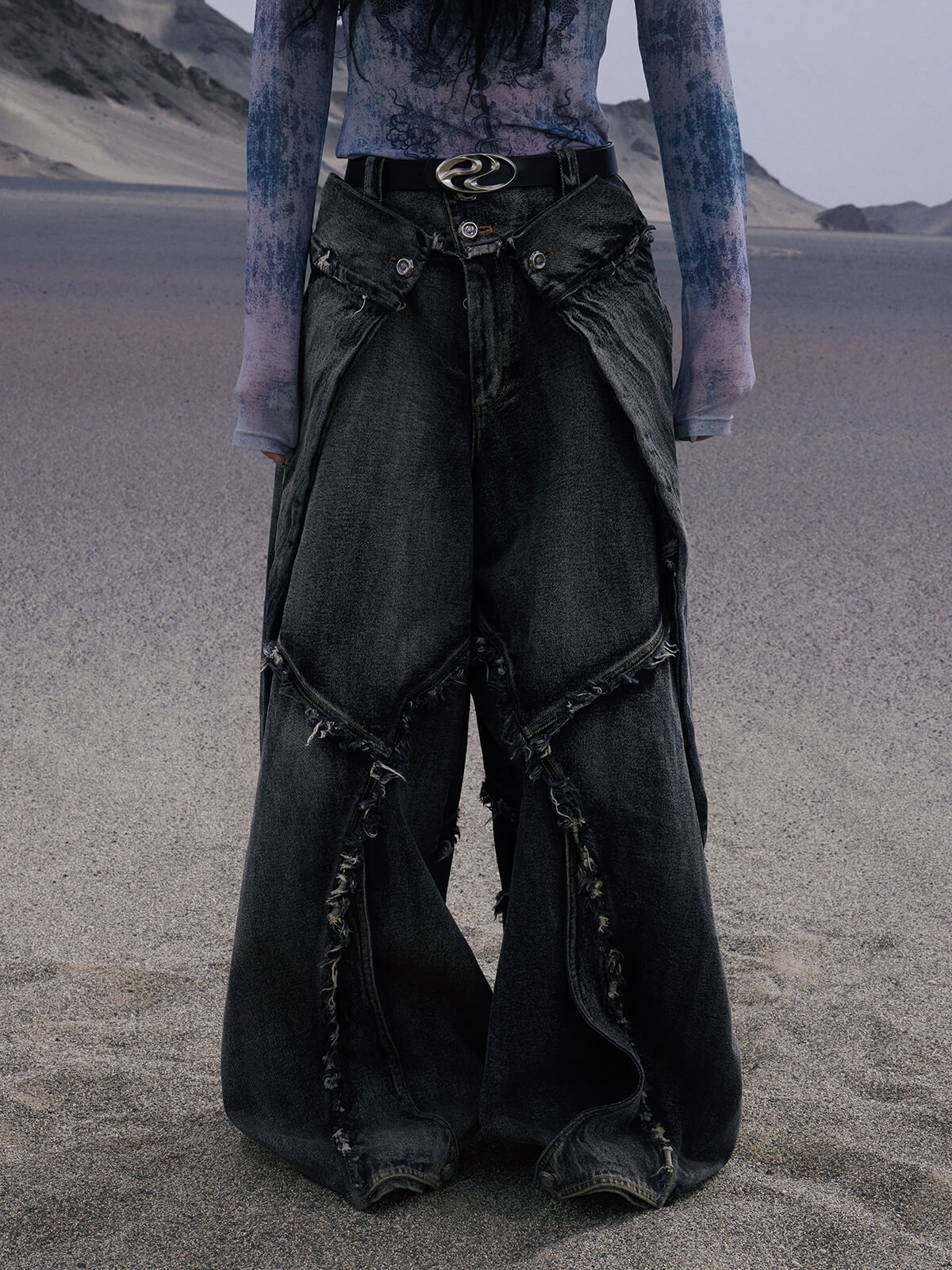 Personsoul Folded Structure Baggy Jeans