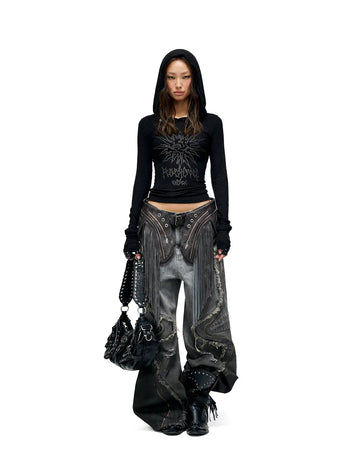 Personsoul Fringed Belt Raw Edge Jeans