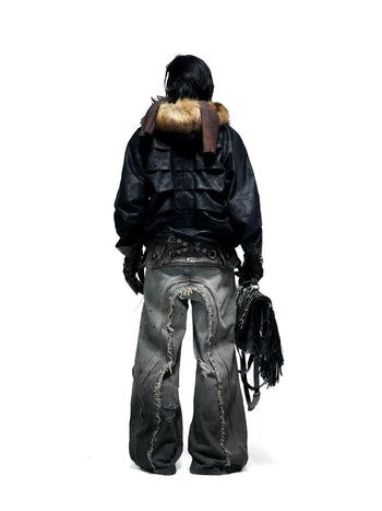 Personsoul Fringed Belt Raw Edge Jeans