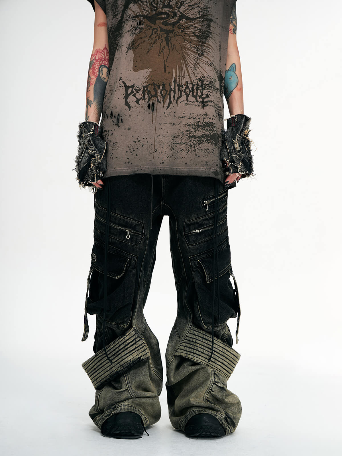 Personsoul Desert Distressed Denim Cargo Pants