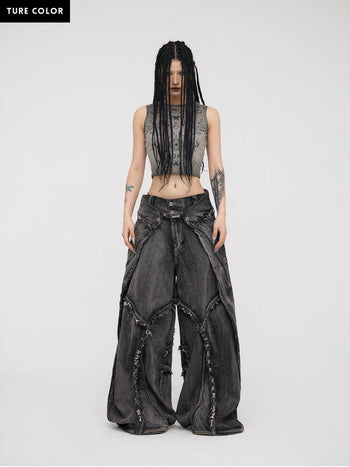 Personsoul Folded Structure Baggy Jeans
