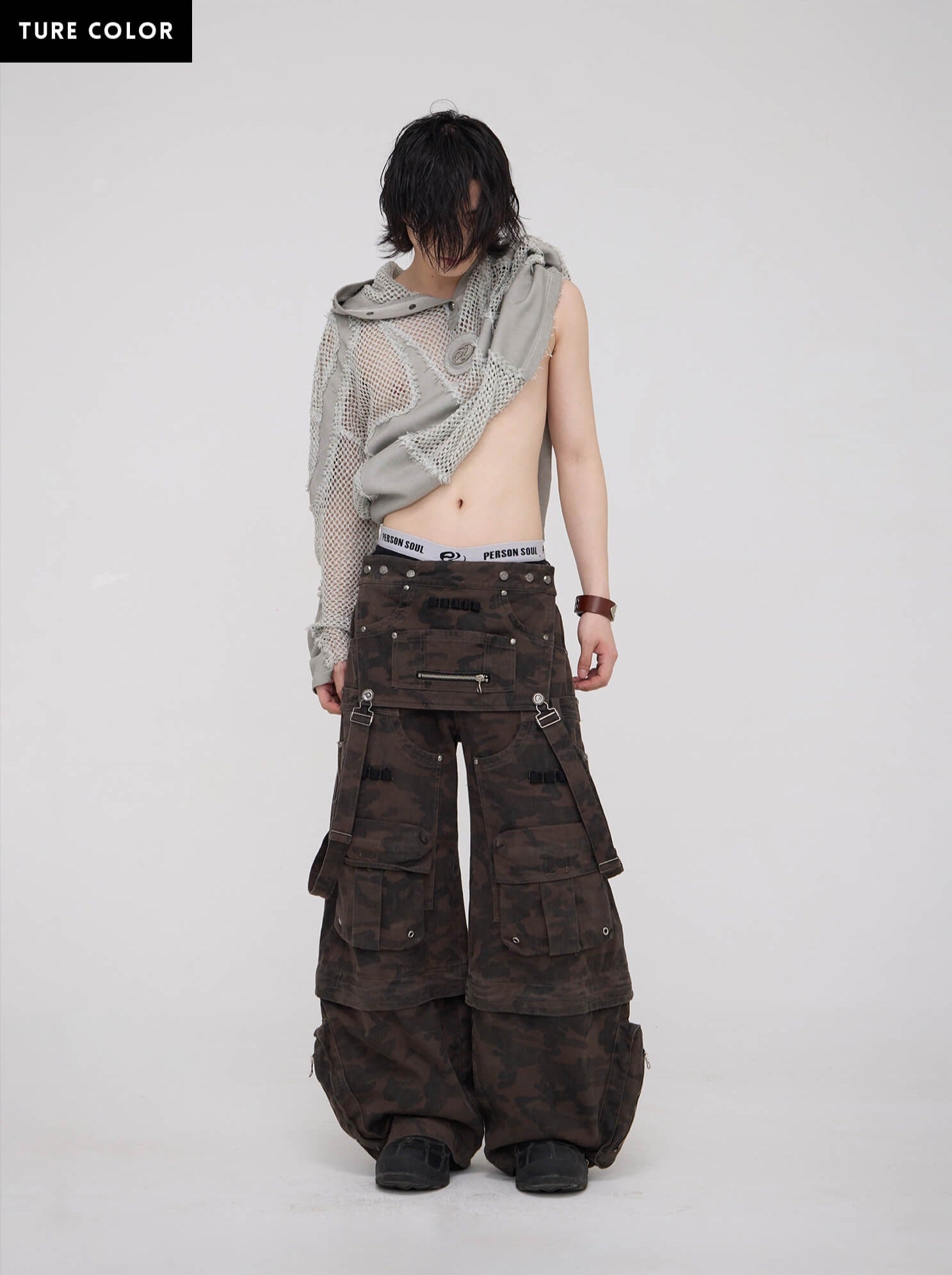 Personsoul Split Mesh Hooded Long Sleeves Top