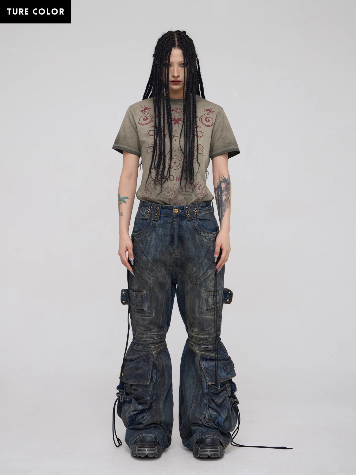 Personsoul Pocket Drawstring Washed Flared Jeans