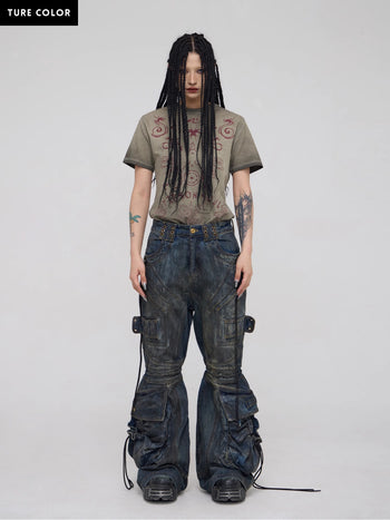 Personsoul Pocket Drawstring Washed Flared Jeans