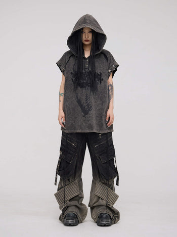 Personsoul Button Collar Hooded Sleeveless Sweatshirt