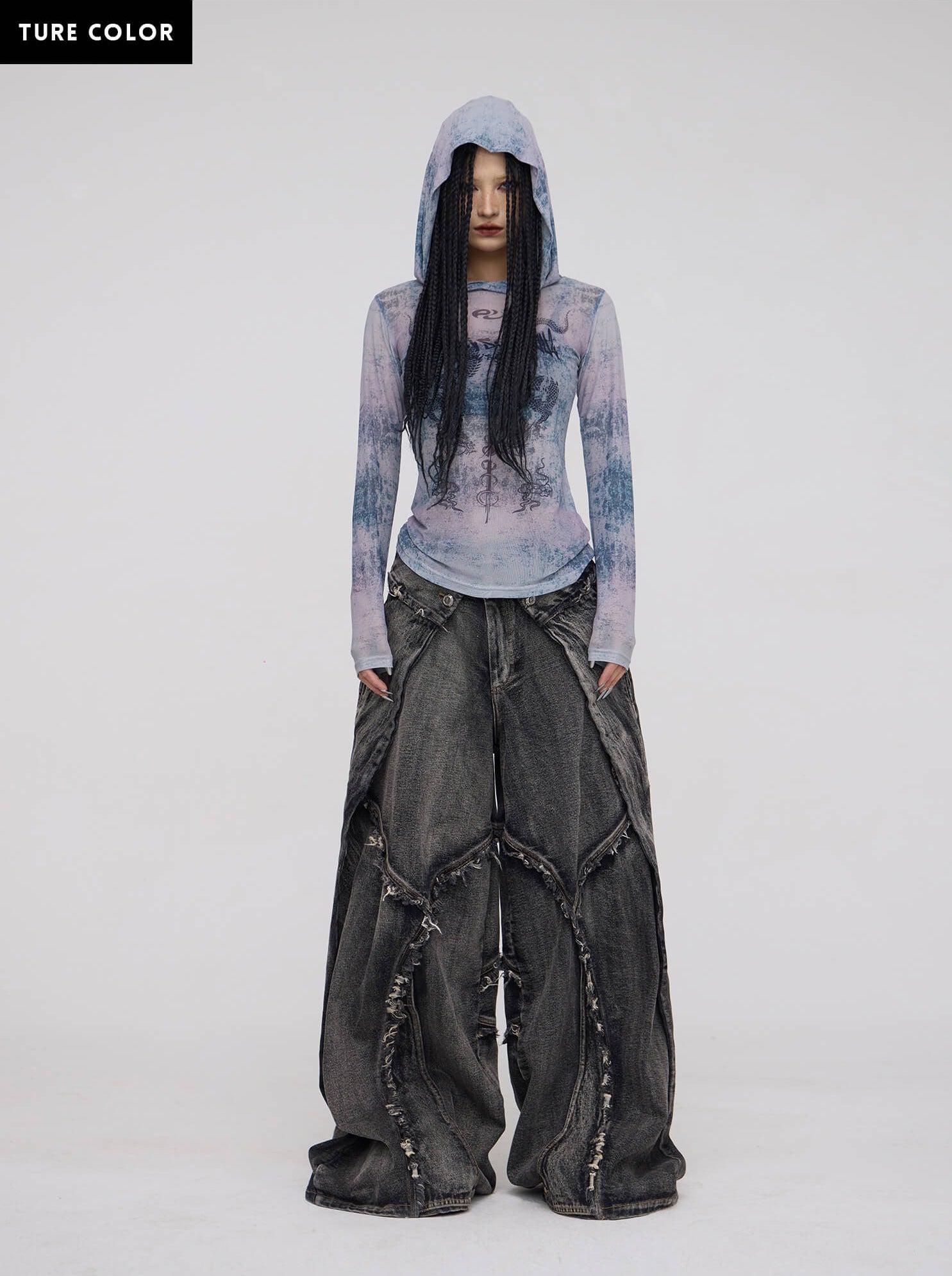 Personsoul Dragon Print Hooded Mesh Long Sleeve Top