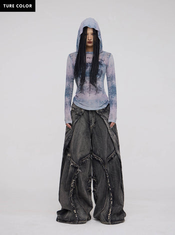Personsoul Dragon Print Hooded Mesh Long Sleeve Top