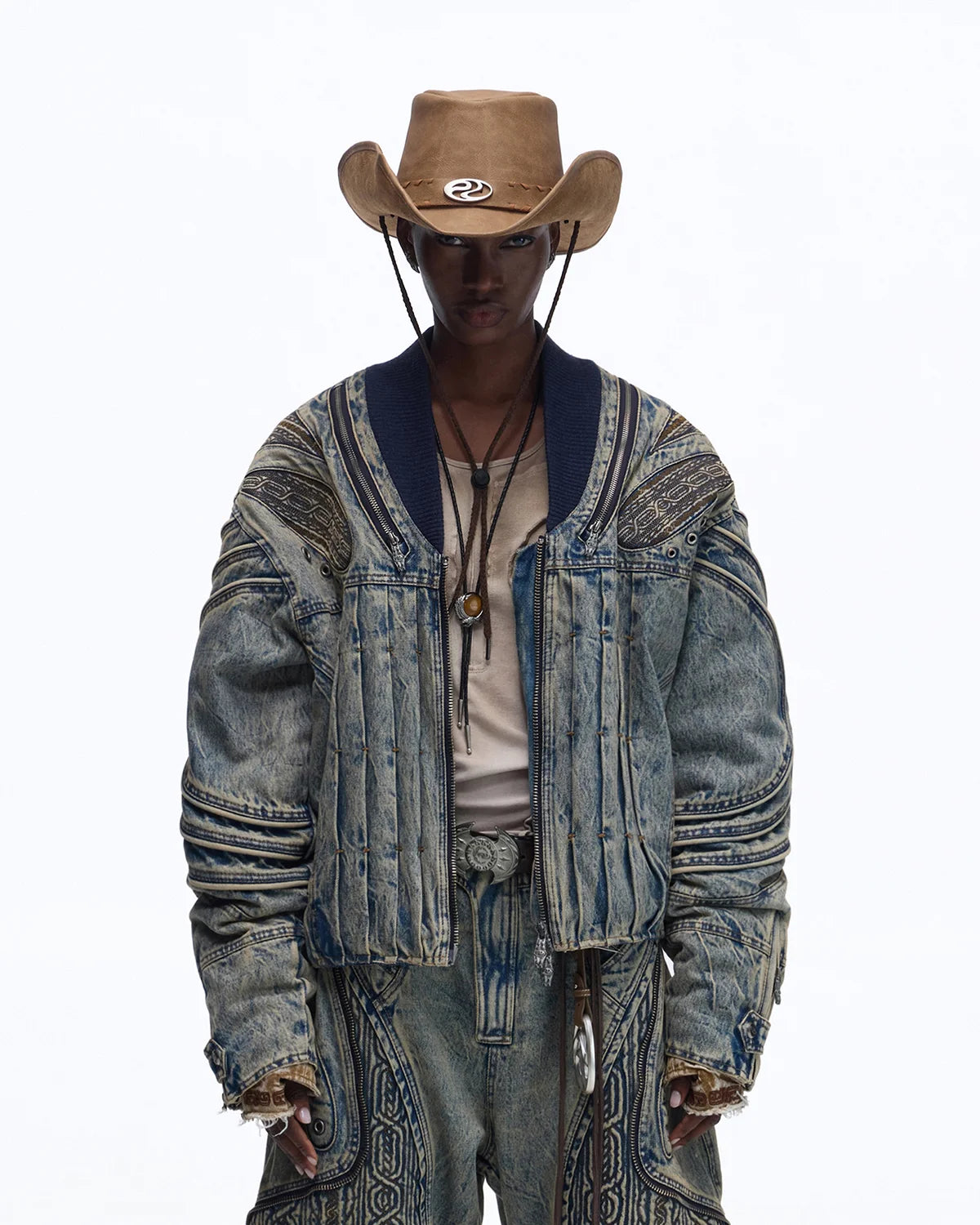 Personsoul Patchwork Ribbed Knit Embroidered Denim Jacket