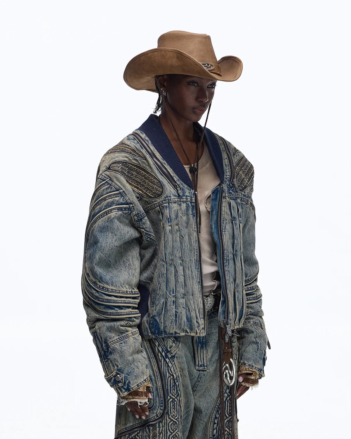 Personsoul Patchwork Ribbed Knit Embroidered Denim Jacket