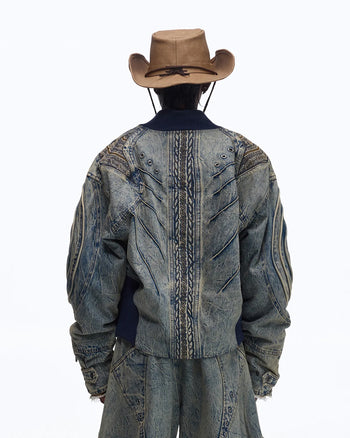 Personsoul Patchwork Ribbed Knit Embroidered Denim Jacket