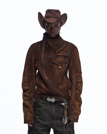 Personsoul Distressed Croc-Embossed Suede Short Jacket