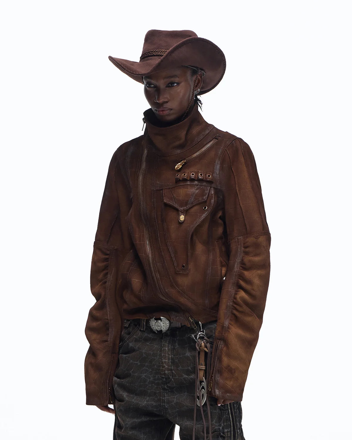 Personsoul Distressed Croc-Embossed Suede Short Jacket