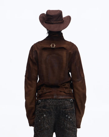 Personsoul Distressed Croc-Embossed Suede Short Jacket