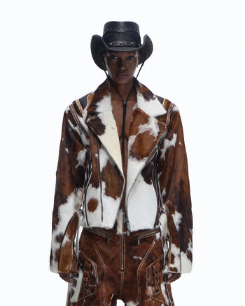Personsoul Cowhide-Print Vintage Biker Leather Jacket