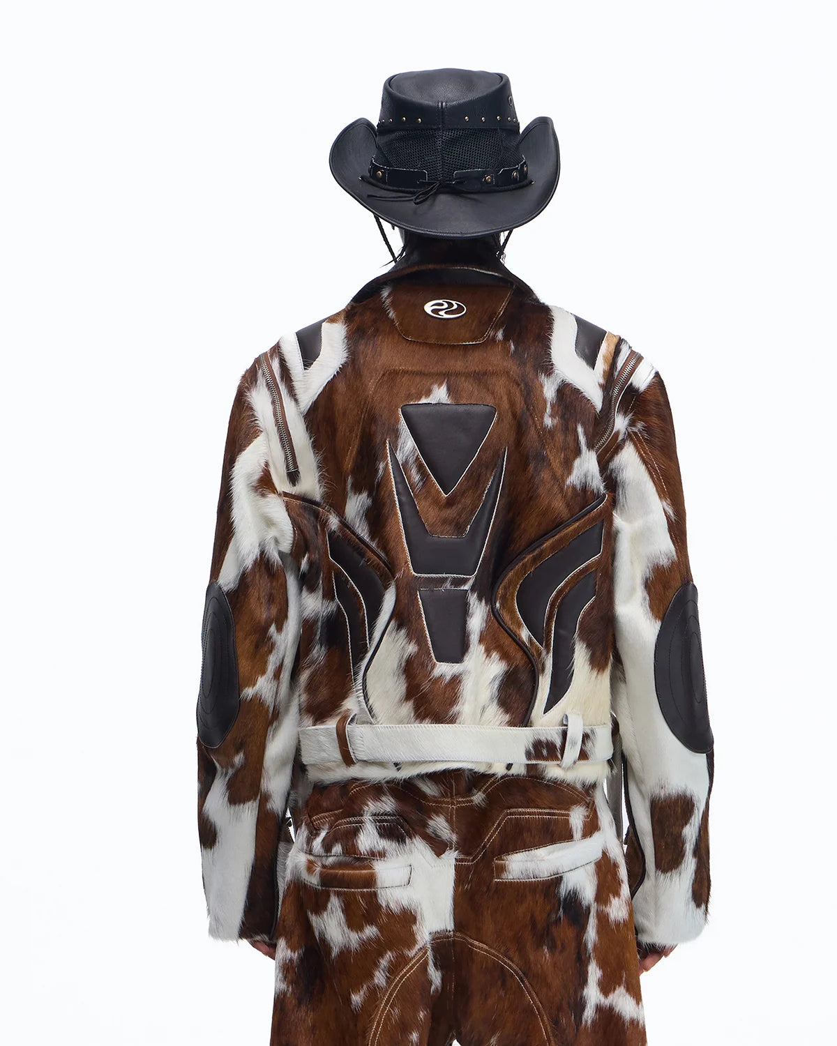 Personsoul Cowhide-Print Vintage Biker Leather Jacket