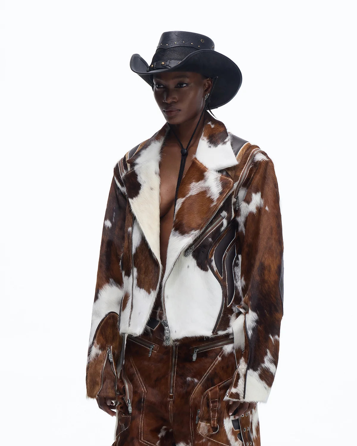 Personsoul Cowhide-Print Vintage Biker Leather Jacket