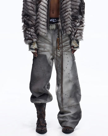Personsoul Distressed Nubuck & Cowhide with Mushroom Studs Pants